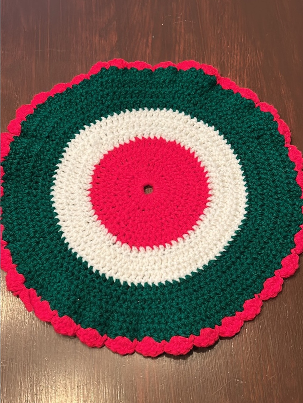 Handmade Green, White & Red Crocheted Round doily 11 in